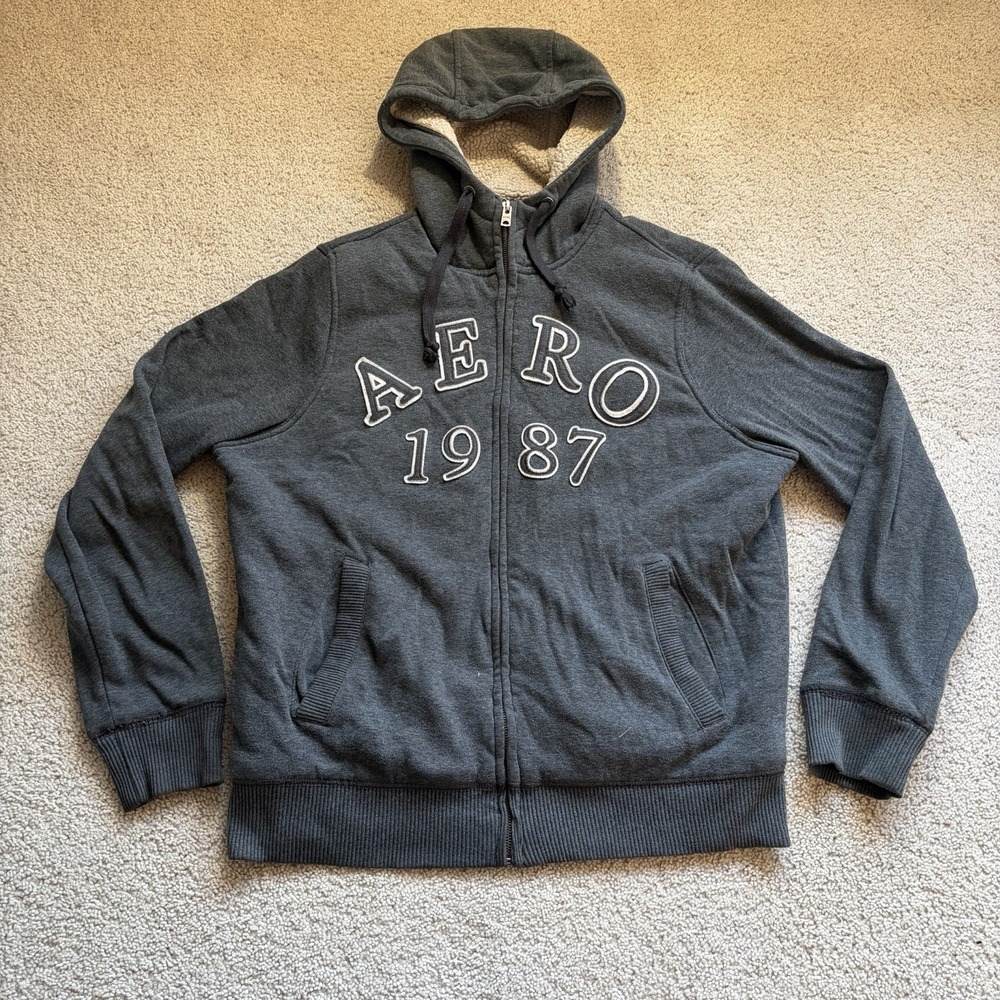 Aeropostale 1987 Aero Sherpa Lined Zip Up Hoodie Sweatshirt Large Dark Gray Y2K
